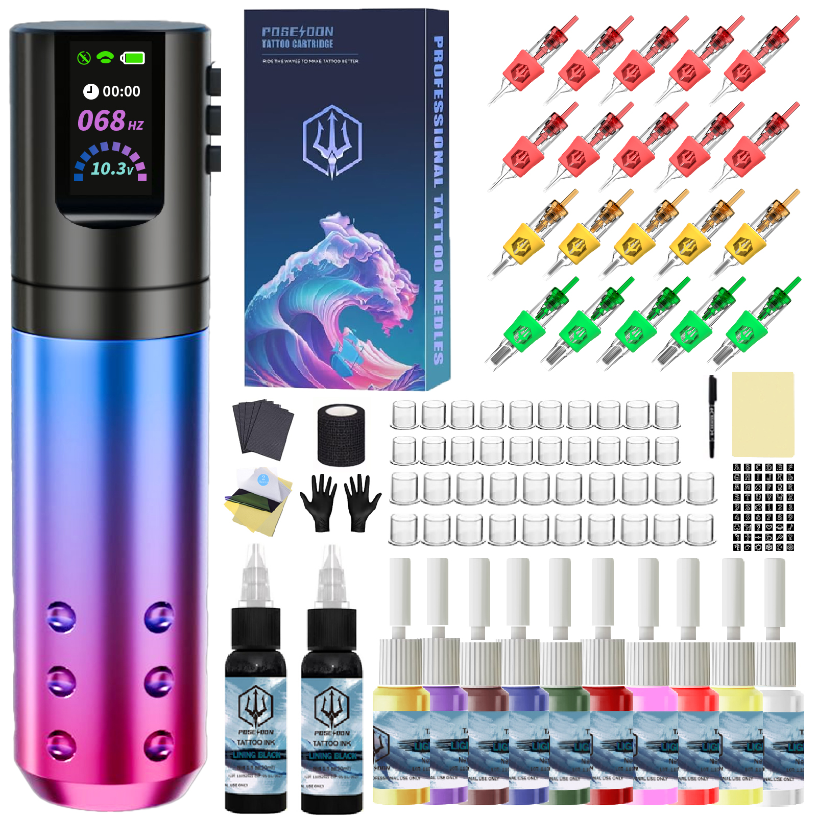 POSEIDON Wireless Rotary Tattoo Machine Kit with 20 Tattoo