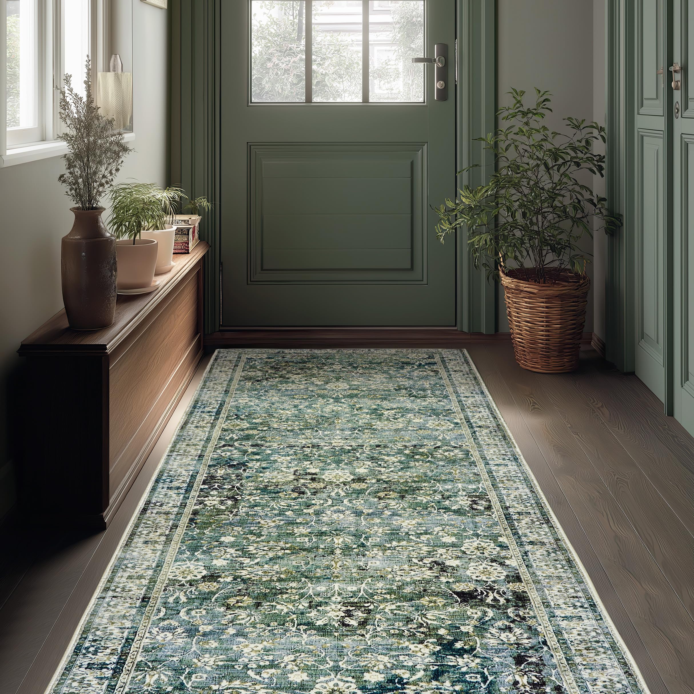 Green Washable Bathroom Hallway Runner Rug with Rubber Backing Non Slip Vintage Boho Floral Long Runners Rugs for Entryway Indoor Laundry Room Bath
