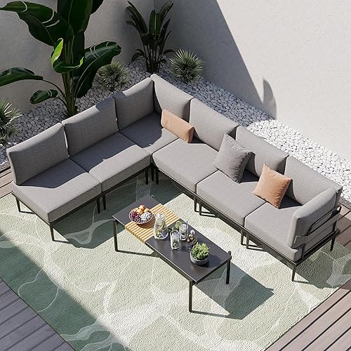 Miniatura 17 de Sundale Outdoor Juego de 4 piezas de muebles de metal para patio, sofá seccional para exteriores con cojín de olefina de 6 pulgadas, modernos juegos