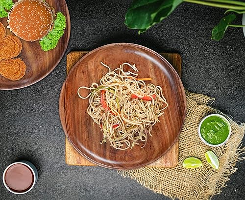 Miniatura 4 de Platos llanos de madera de mango, juego de 2 platos redondos para servir, bandeja para servir queso y café, platos de frutas para cena de fiesta,
