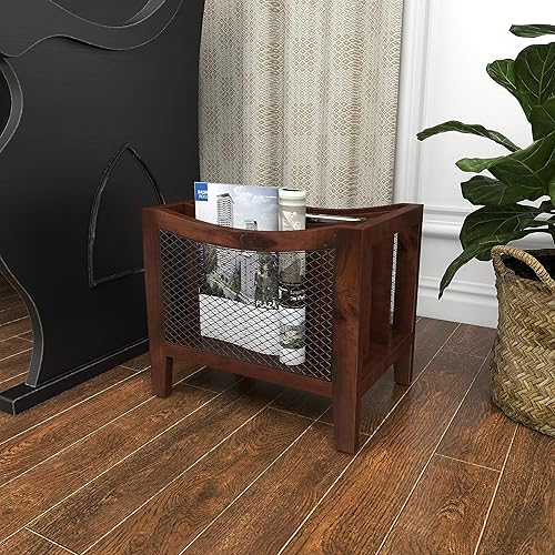 Miniatura 7 de Deco 79 Revistero de madera con 3 ranuras y paneles laterales de red, 15 x 11 x 13 pulgadas, color marrón