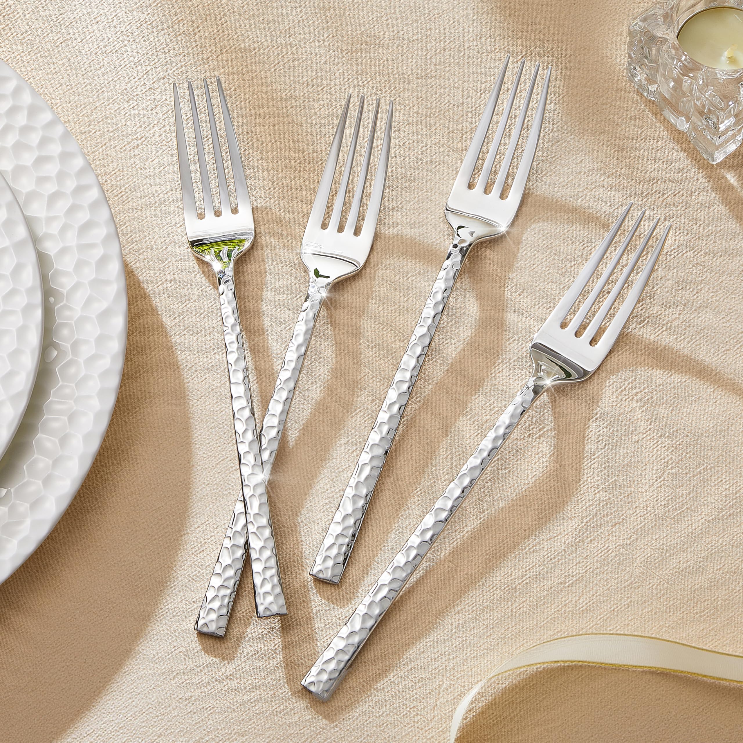 Hammered Stainless Steel Dinner Forks - 16 Piece Set -2