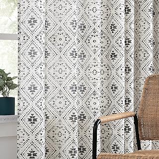 Linen Boho Curtains for Living Room & Bedroom, 96 Inch Black Geometric Printed Light Filtering Linen Window Curtains, Grommet Drapes, 2 Panels - Buy now