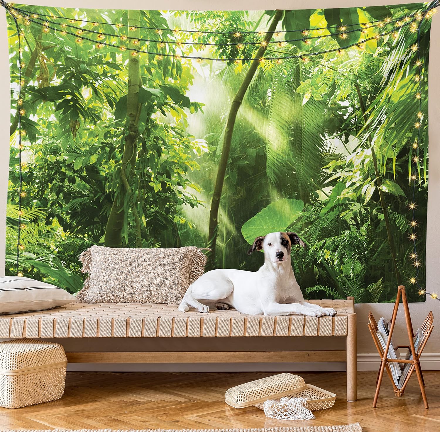 Ambesonne Forest Tapestry, Summer Tropical Monsoon Jungle with Exotic Tree Types and Big Leaves Scene, Wall Hanging for Bedroom Living Room Dorm Decor, 60" X 80", Yellow and Green