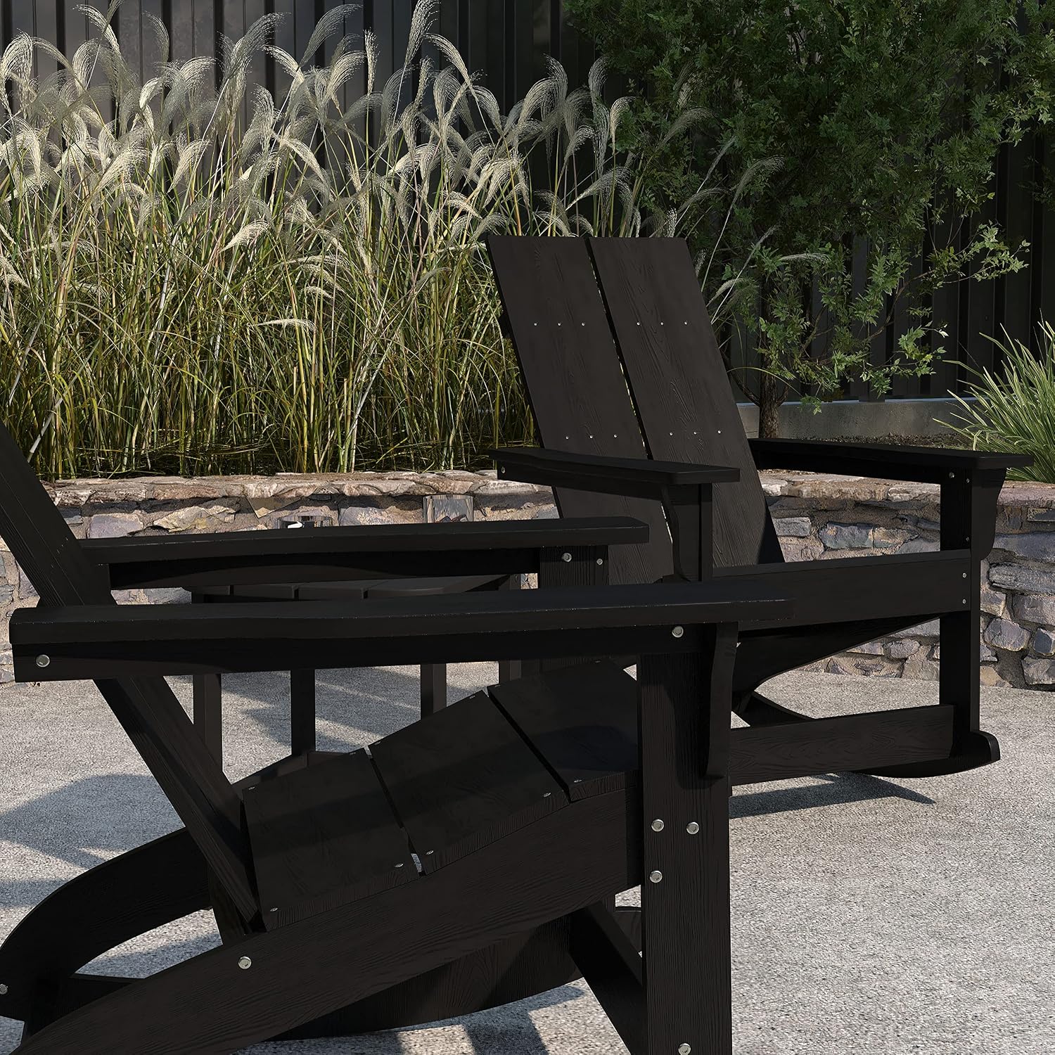 Merrick Lane Atlantic 3 Piece Patio Furniture Set - 2 Black Adirondack Rocking Chairs - Black Side Table - Durable Polyresin Frame - Stainless Steel Hardware