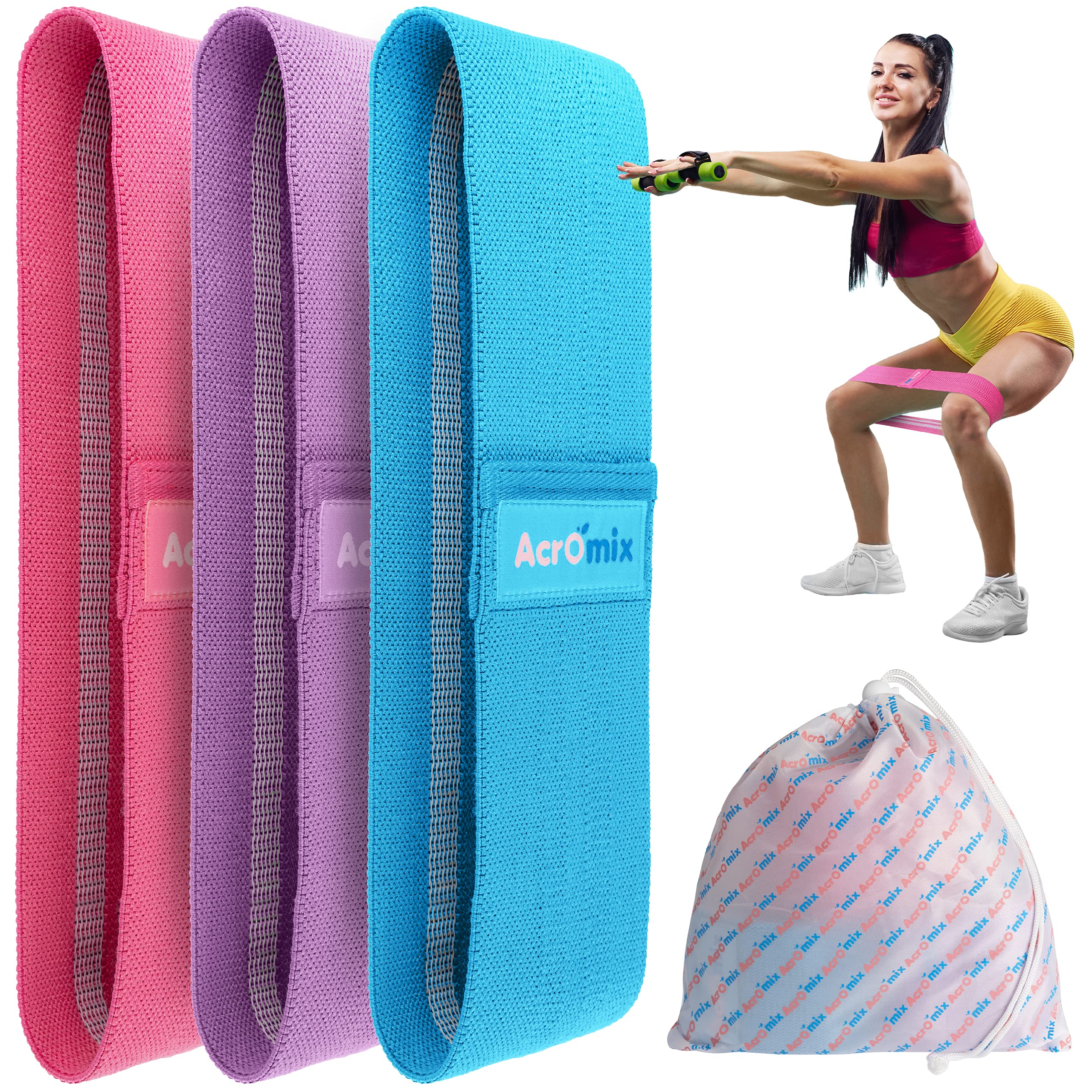 Acromix 3-Piece Fabric Resistance Bands - Heavy Duty Exercise Stretch Equipment for Booty, Legs, Lower Back, Hamstring, Abs - Elastic, Sweat-Wicking, Non-Rolling Workout Straps - Home Gym Accessories