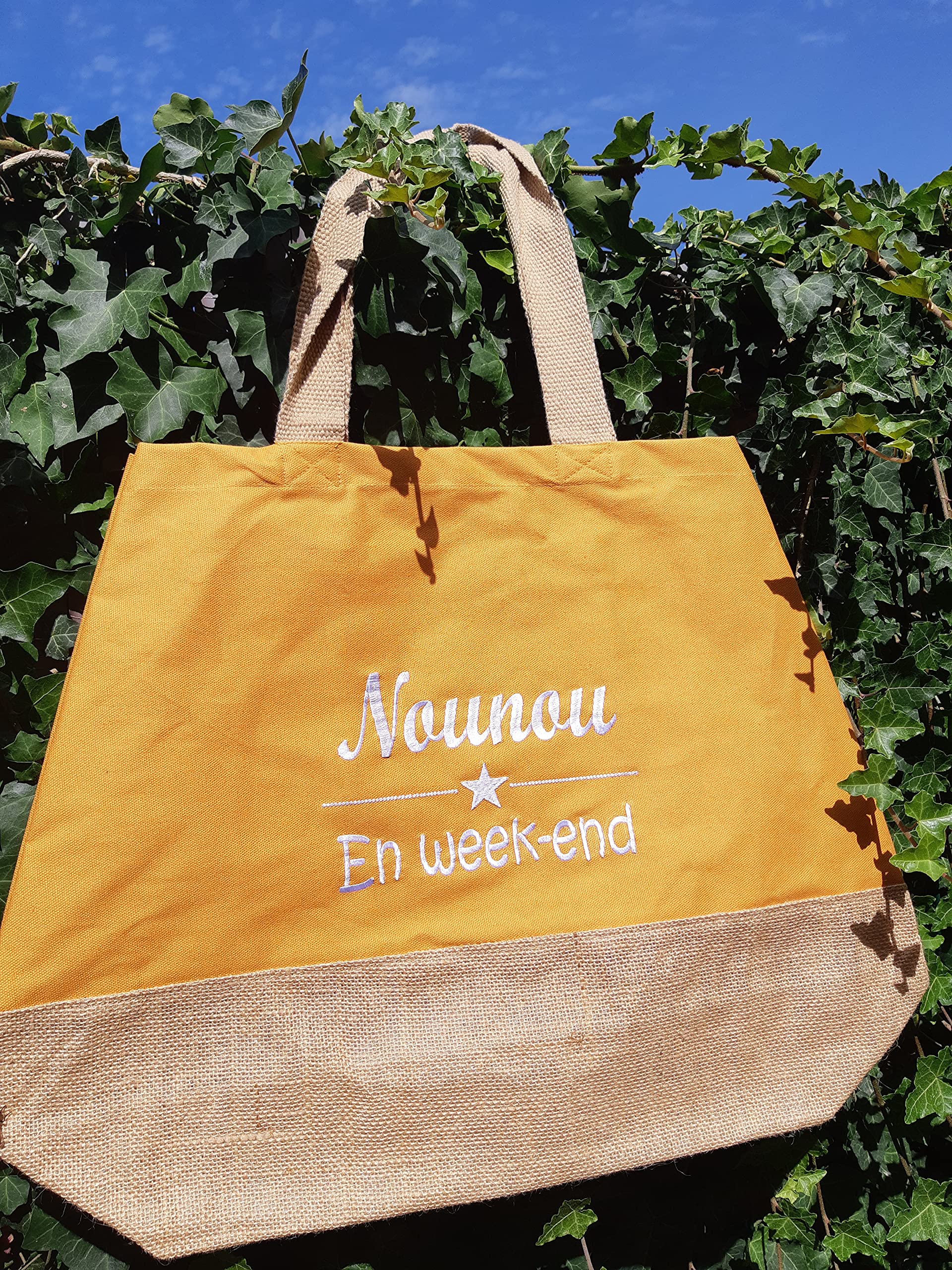 Sac shopping caba brodé et personnalisé avec un prénom, femme, porté épaule, bandouliere, toile coton et jute, original, cadeau femme, fille, anniversaire, mariage, maman, fete des meres, maitresse
