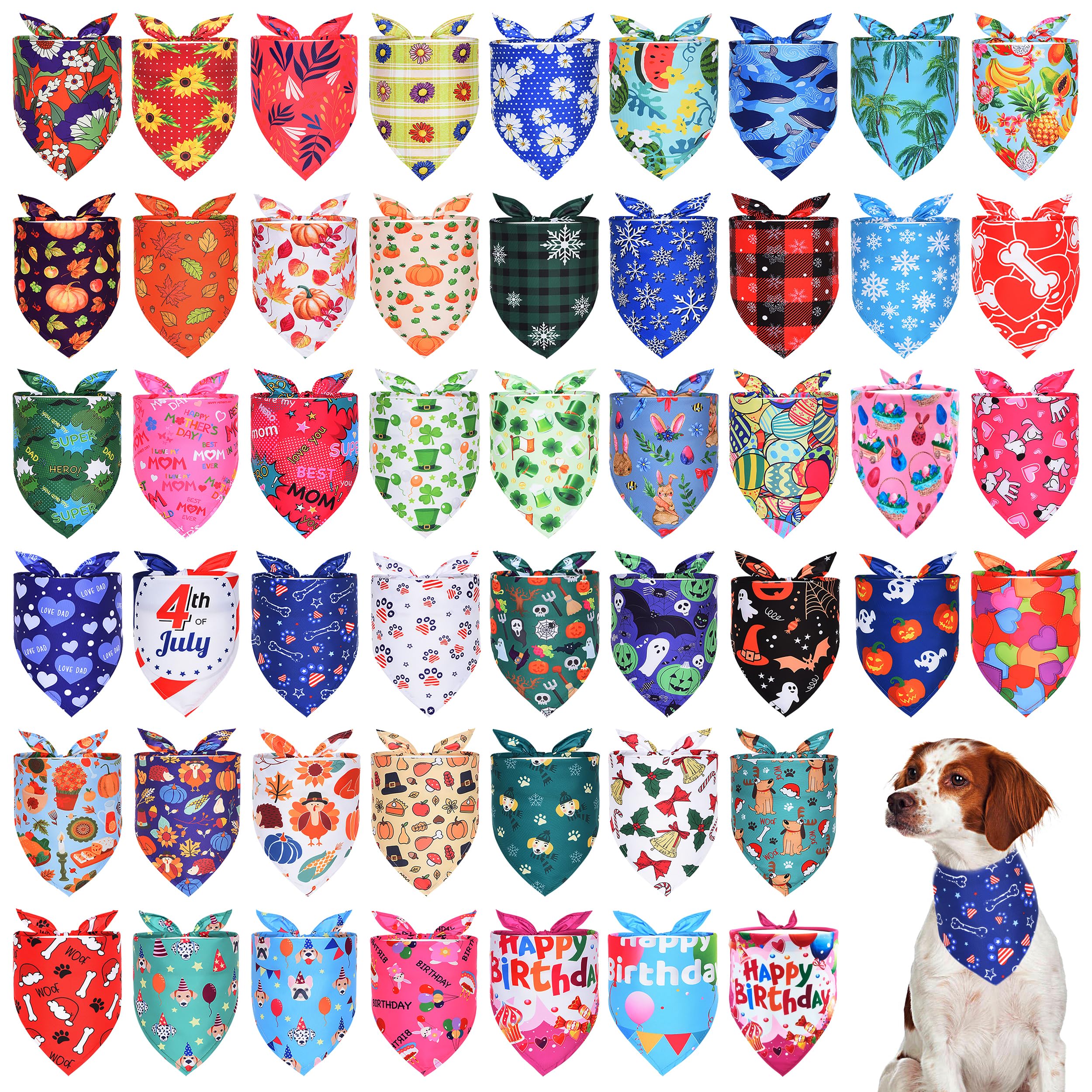 Lot de 50 bandanas pour chien pour toutes les vacances et saisons : printemps, été, automne, hiver, Halloween, Thanksgiving, Noël, anniversaire, Pâques, Saint-Patrick, 4 juillet, mère, père,