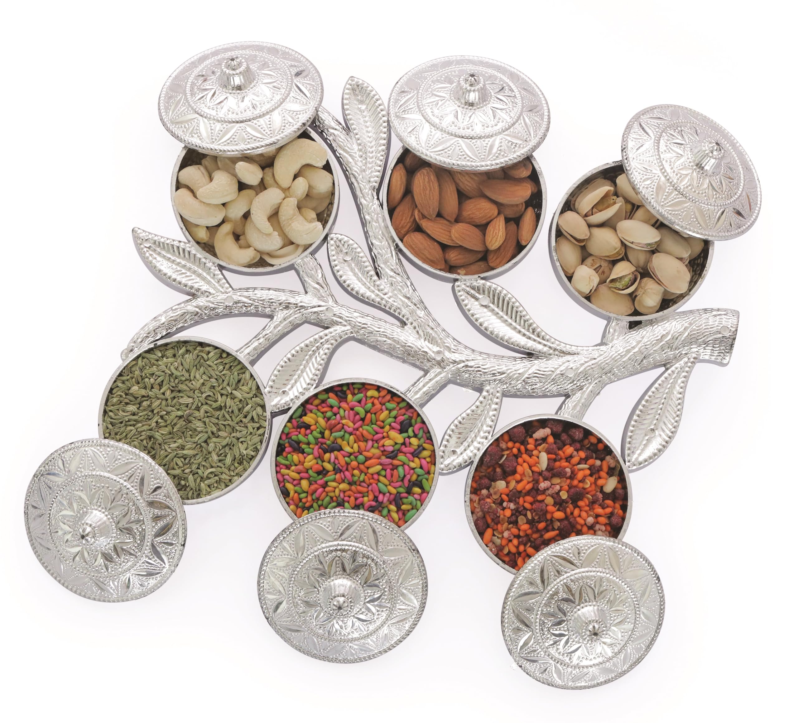 MADHULI Multipurpose Tree Shape Dry Fruit Serving Tray Traditional Design 6-Section Mukhwas Dani Silver Finish Serving Platters Mouth Freshener Mukhwas Box