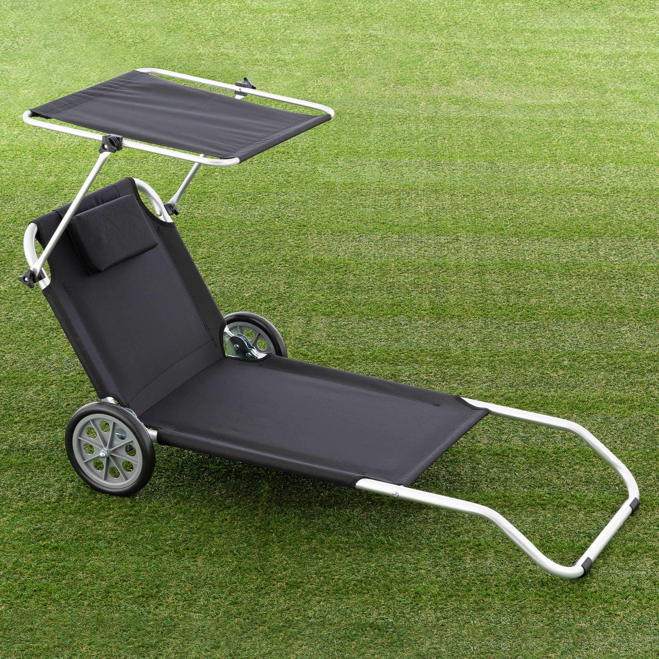 Nexos Trading Gartenliege Sonnenliege Liegestuhl Klappliege Räder und Sonnendach klappbare Liege aus Alu und Polyester Bespannung schwarz Trolleyfunktion