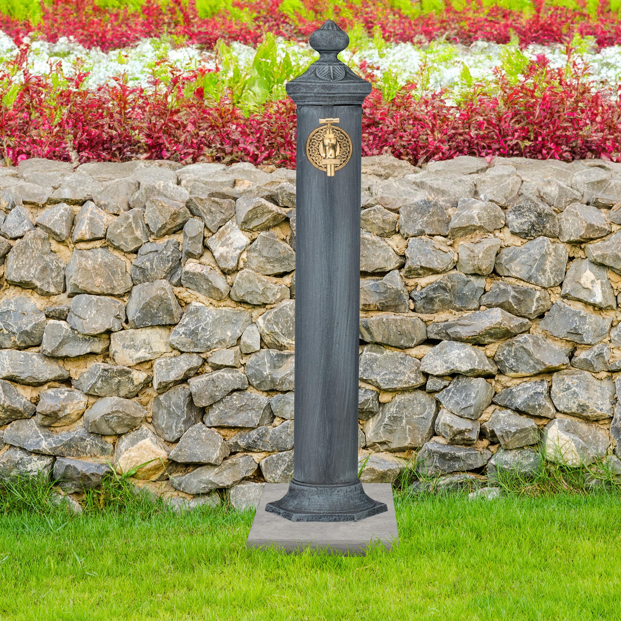 Relaxdays Fuente de Agua de Estilo Antiguo, con Grifo Jardín, 84x21,5x25 cm, Terraza, Patio, Decorativa, Gris