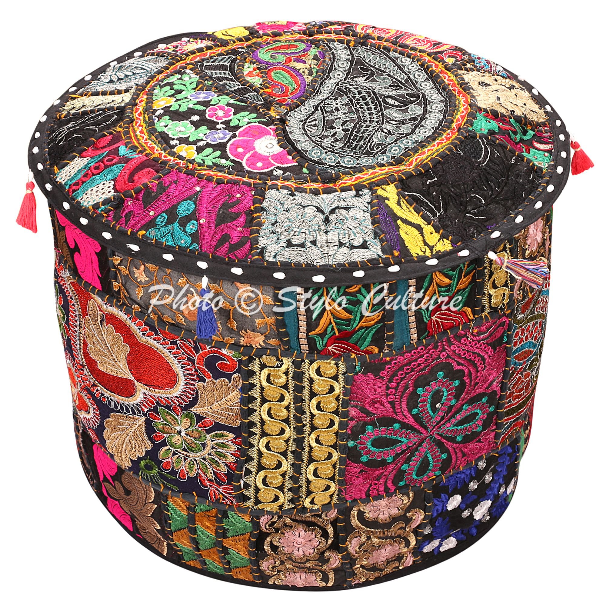 Bohemian Living Room Pouf Cover Round Patchwork Embroidered Pouffe Ottoman Black Cotton Floral Traditional Furniture Footstool Seat Puff (18x18x13) Bean Bag Decor