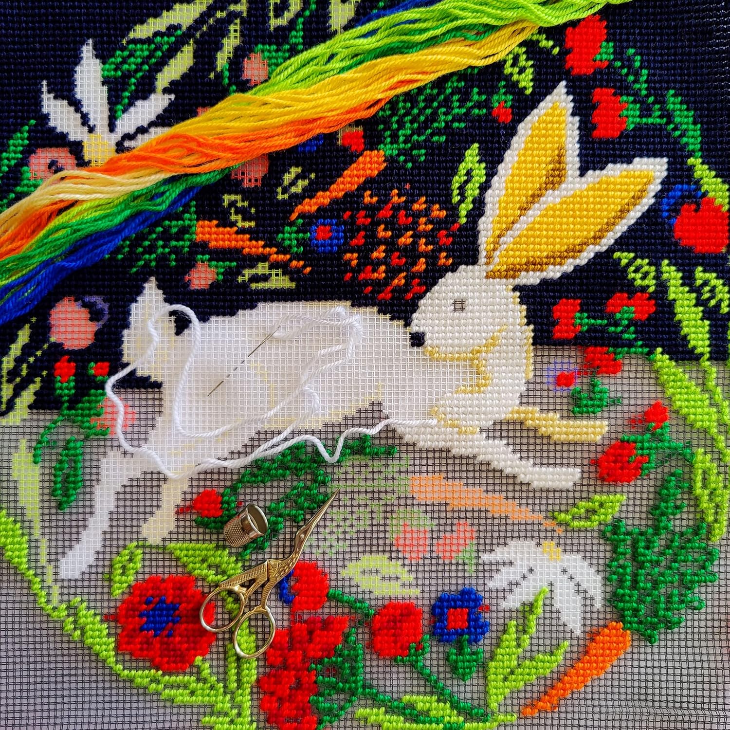 Tapestry Embroidery Kit for Adults and Beginners — Hare on Black 16″ × 16″ with Clear, Precise Printed Design on Cotton Canvas; Includes 2 Needles, Yarn, and Easy-Read Chart