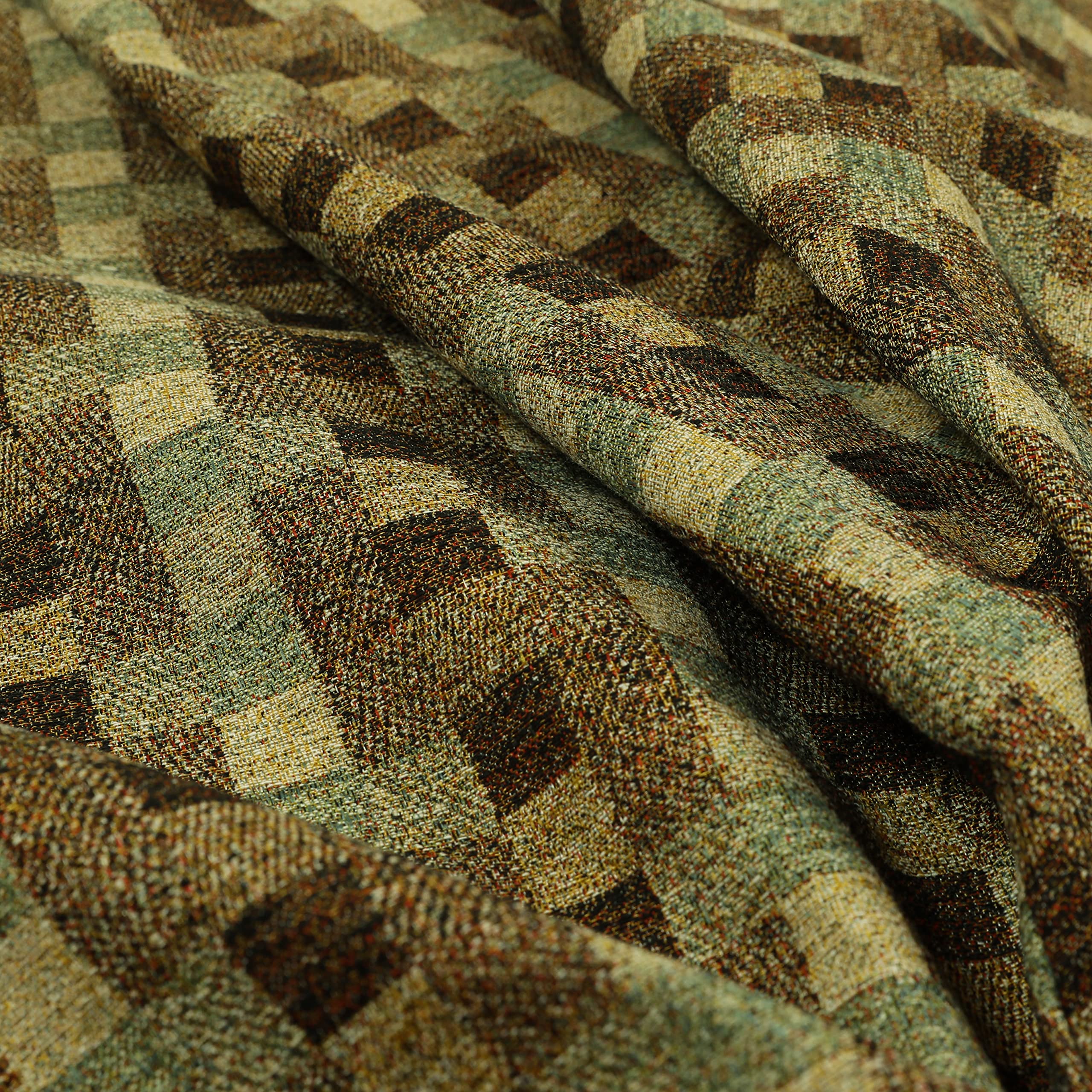 Redbrick Mill Fabrics Flame Retardant Jacquard Tapestry Geometric Square Pattern Brown Green Colour Upholstery Fabrics (Per Metre) โ image 1