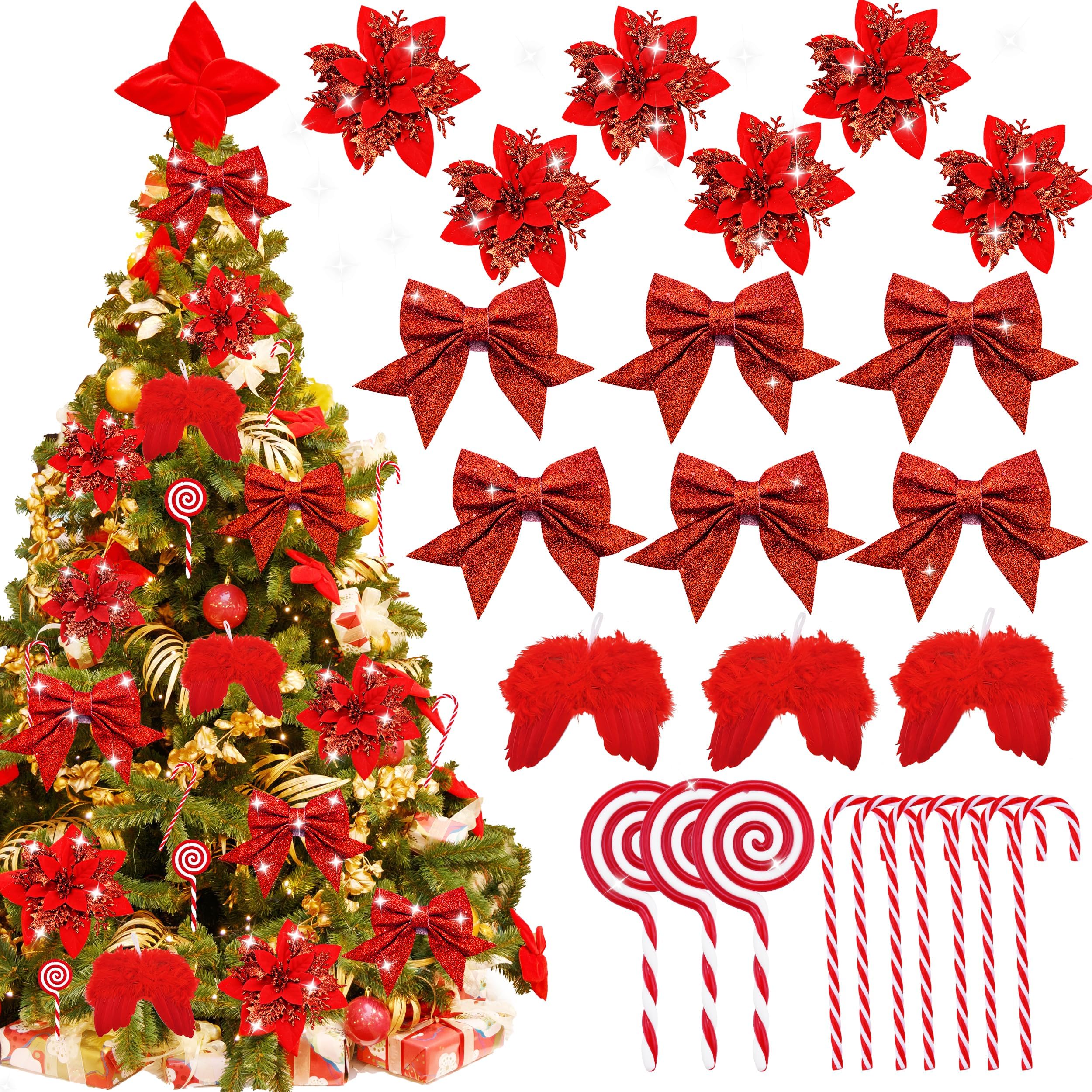 24 PCS Red Christmas Tree Decorations, Red Artificial Poinsettia Flowers, Red Foam Bows, Red Feather Wings, Christmas Candy Canes Ornaments for Christmas Decorations Red