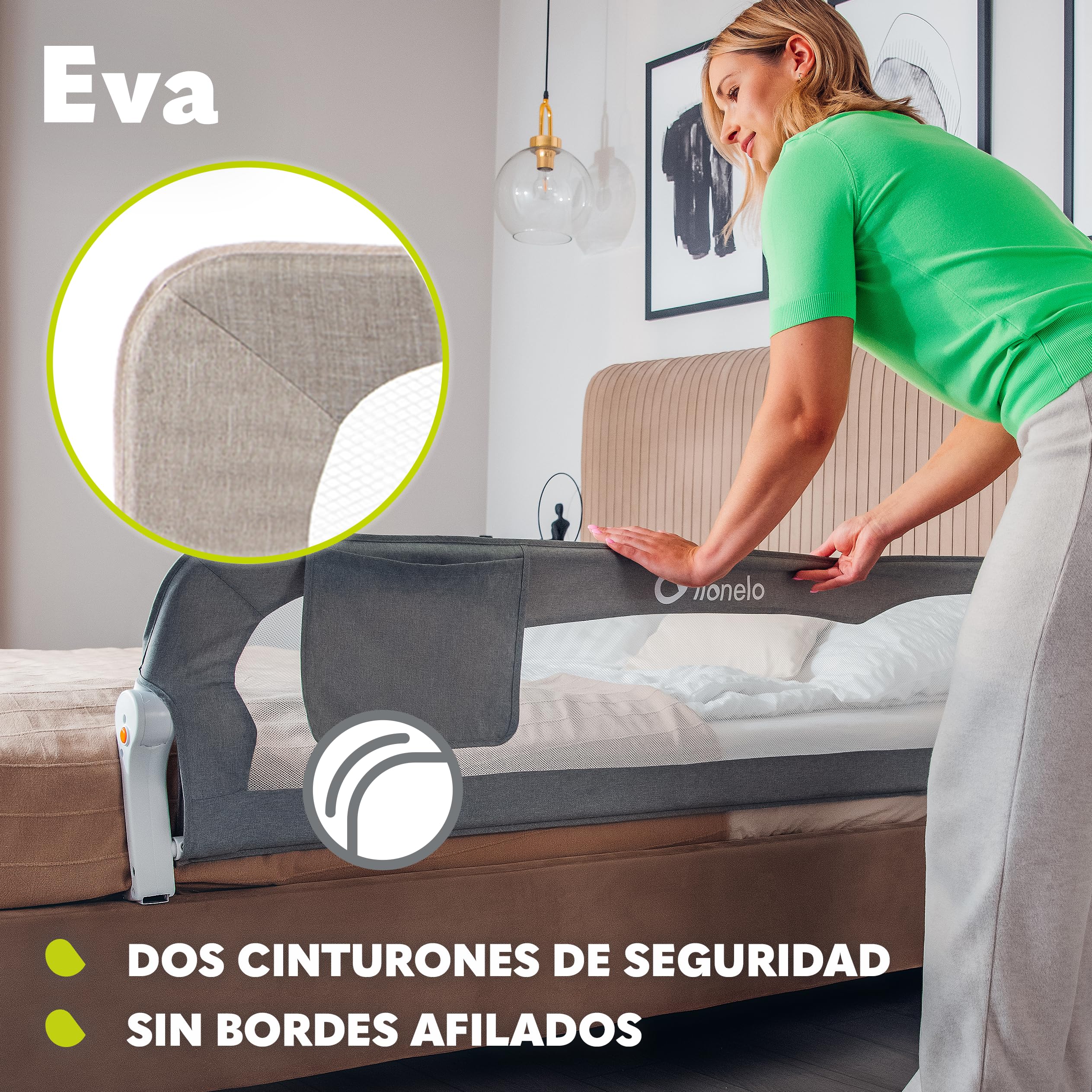 lionelo Eva Barrera para la Cama 150 x 42, Barandilla de Cama Portátil, Cinturones, de Seguridad Bloqueo, Compacta, Malla Transpirable, Plegado 180 Grados, Montaje Sencillo (Beige)