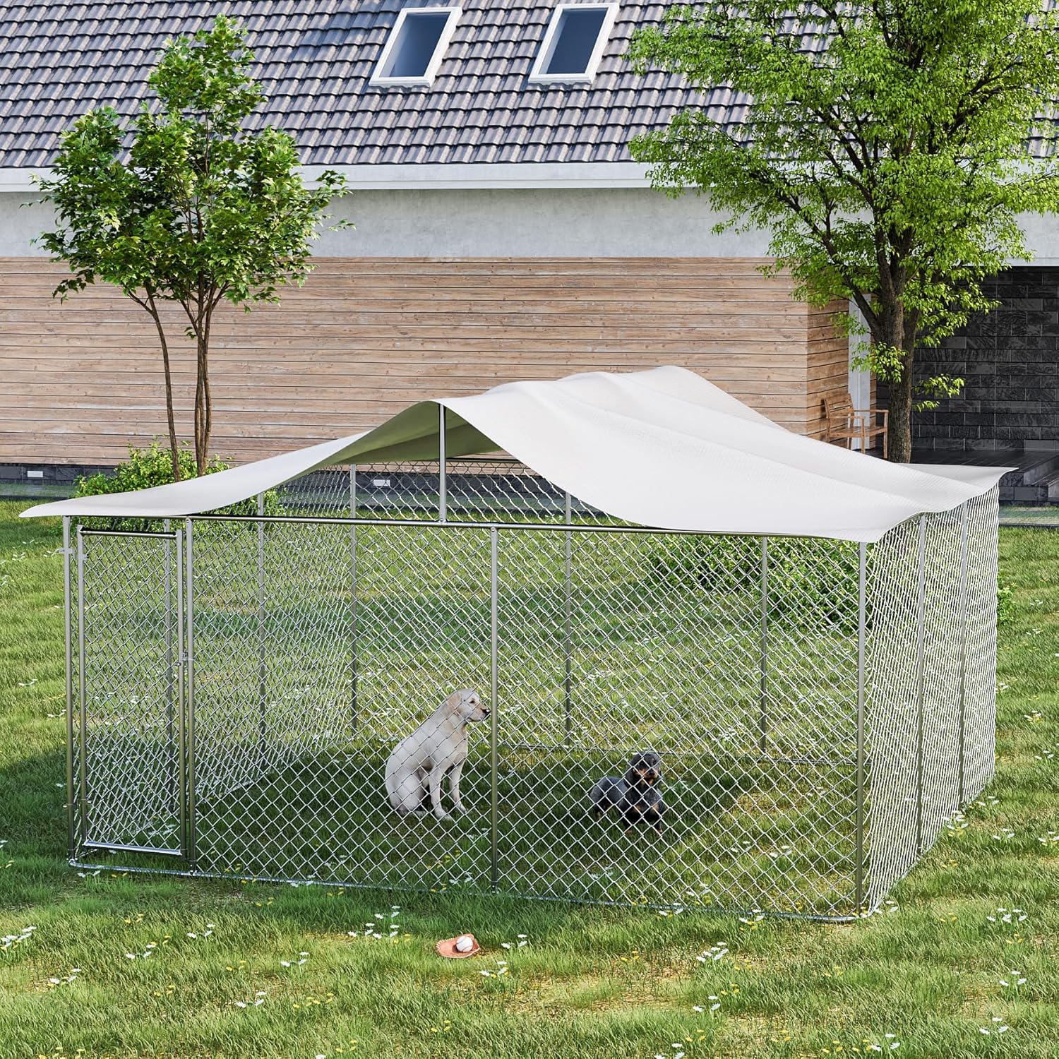 OUYESSIR 15x15x8 FT Large Dog Kennel Outdoor Dog Runs with UV Protection Waterproof Cover and Roof, Heavy Duty Dog Pens with Secure Lock