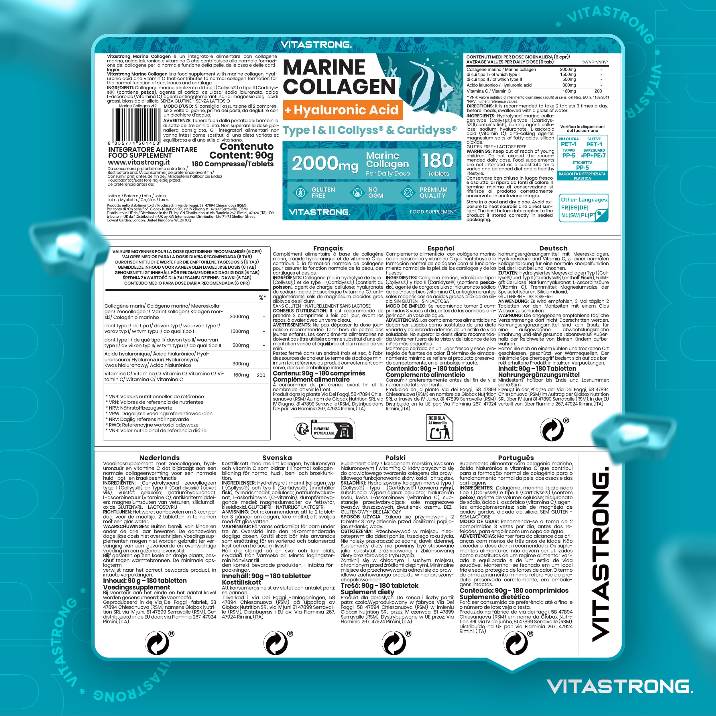 Collagene Marin, Acide Hyaluronique, Vitamine C, 180 Comprimés, Collagène Hydrolysé de Type 1&2 Collyss Cartidyss, Supplément de Collagene Marin Acide Hyaluronique avec Vitamin C, Qualité Vitastrong