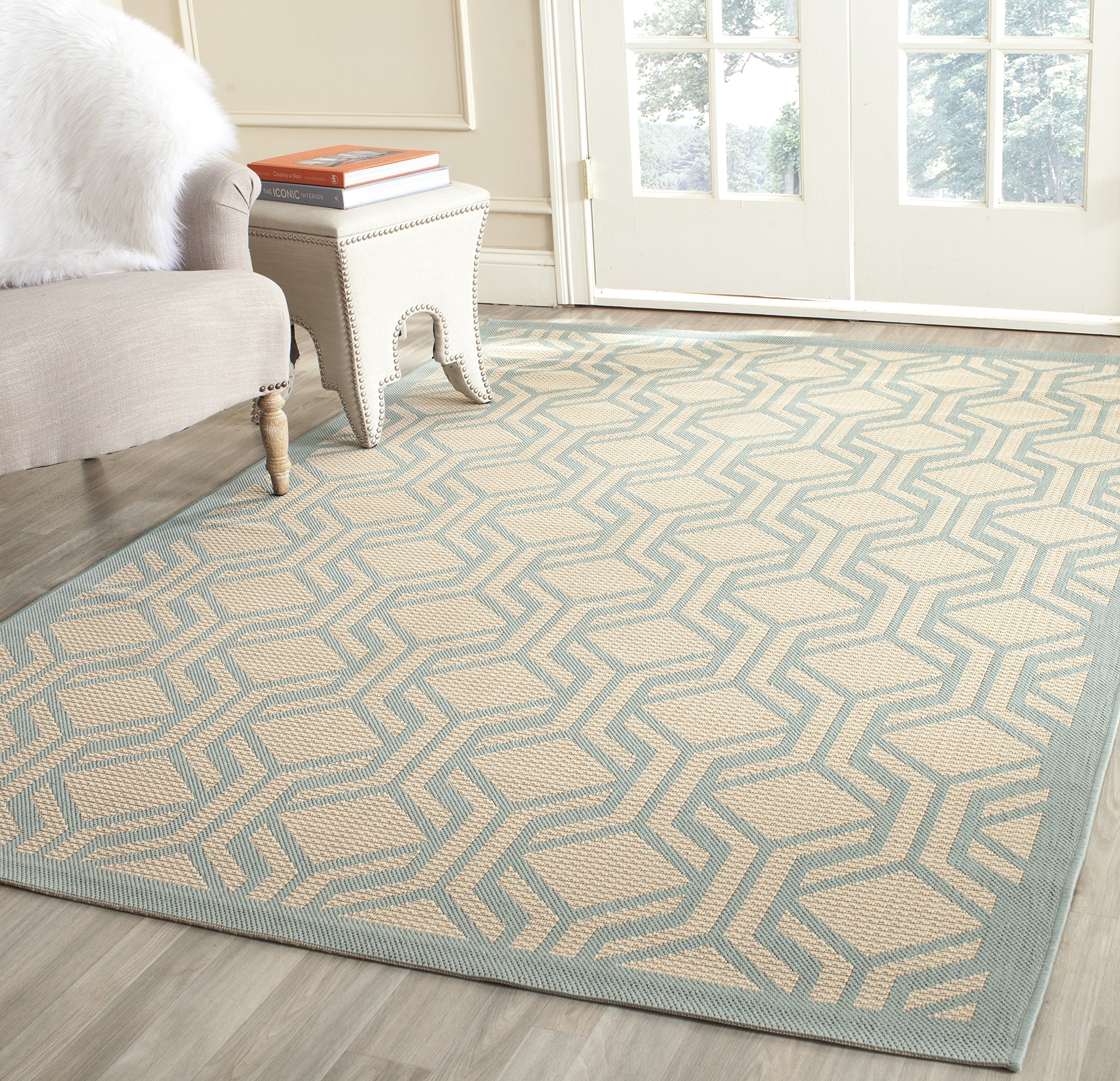 Safavieh Contemporary Indoor/Outdoor Woven Rectangle Area Rug, Courtyard Collection, CY6114, in Beige / Aqua, 160 X 231 cm for Garden, Patio or Any Outdoor Space
