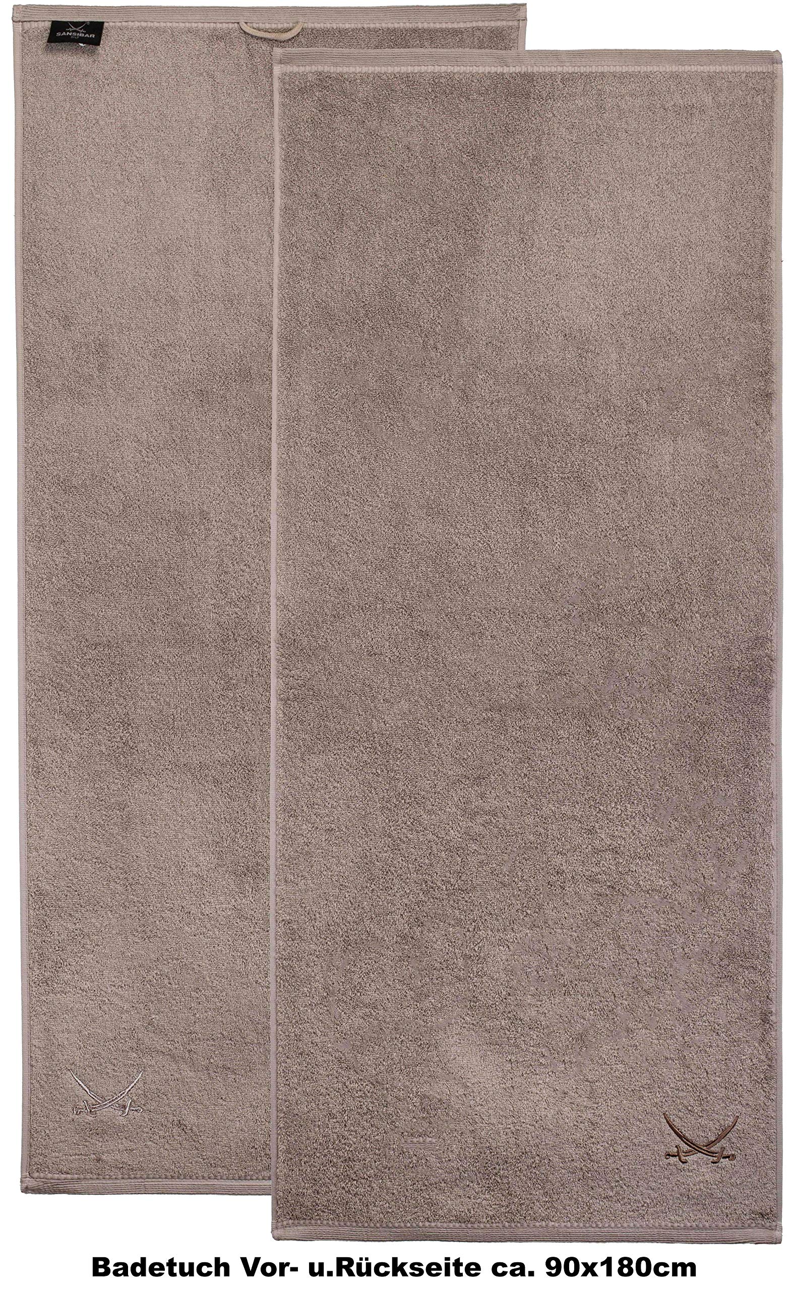 Sansibar 2er Set Badetuch 90x180 cm – saugstarkes Strandtuch/Saunatuch aus Baumwolle – Oeko-TEX zertifizierter Frottee – Sylt-Design mit gesticktem Säbel-Logo – Taupe