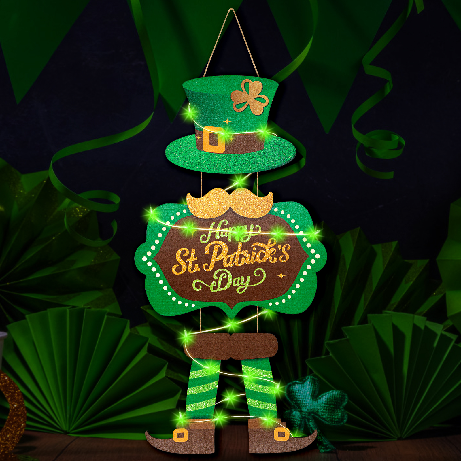 KOYILTD St. Patrick's Day Wooden Sign - Leprechaun Hat & Feet Hanging Door Decoration, Classic Style