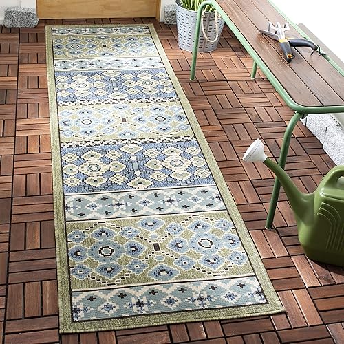 SAFAVIEH Veranda Collection - Alfombra de pasillo, 2.3 x 10 pies, color verde y azul, diseño bohemio, que no desprende pelusa y de fácil cuidado,