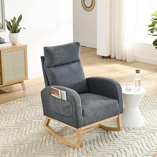 Miniatura 3 de 27.6 pulgadas de ancho, moderno acento mecedor, tapizado para habitación del bebé con respaldo alto y reposabrazos, cómodo sillón con dos bolsillos