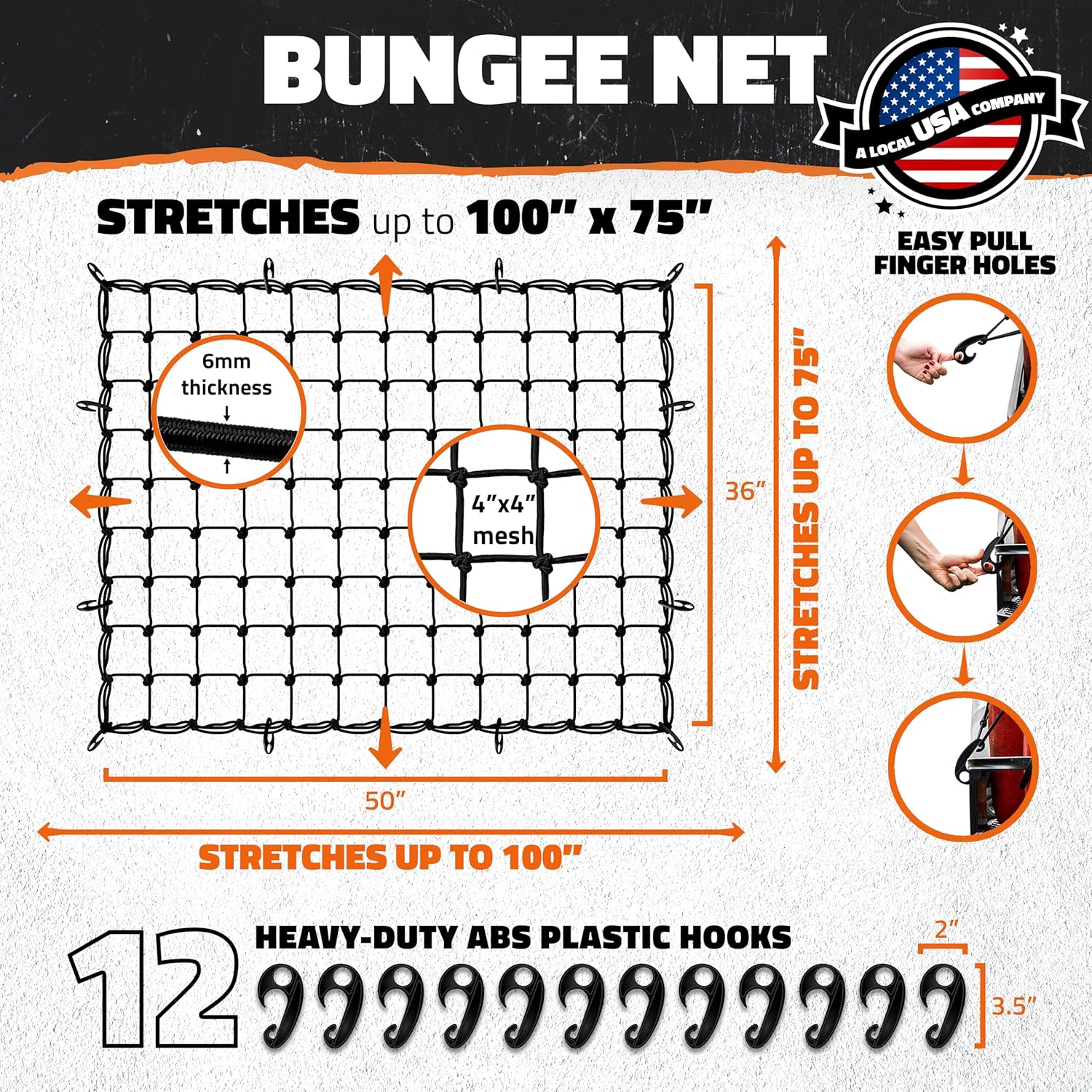 Mockins 50"x36" Elastic Truck Cargo Net for Pickup Truck Bed, Roof Rack or Trailer | 6mm Thick Bungee Net with Hooks - Stretches Up to 100"x75" | 4"x4" Mesh Square Cargo Netting for Any Load Size