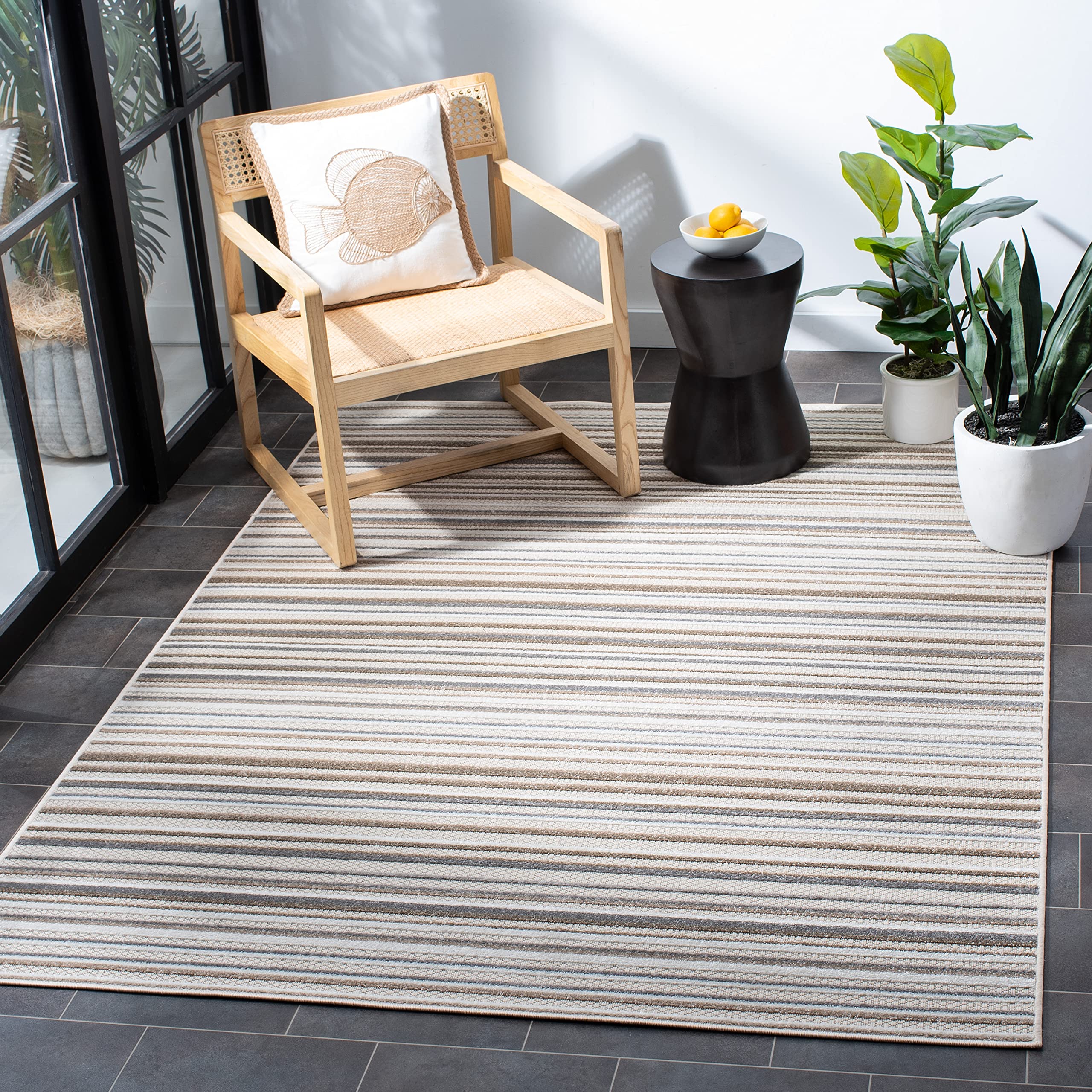 SAFAVIEH Washable Rug Outdoor Cabana Collection - 8' x 10', Ivory & Grey, Non-Shedding & Easy to Clean, Ideal for Patio, Backyard, Mudroom (CBN323B)