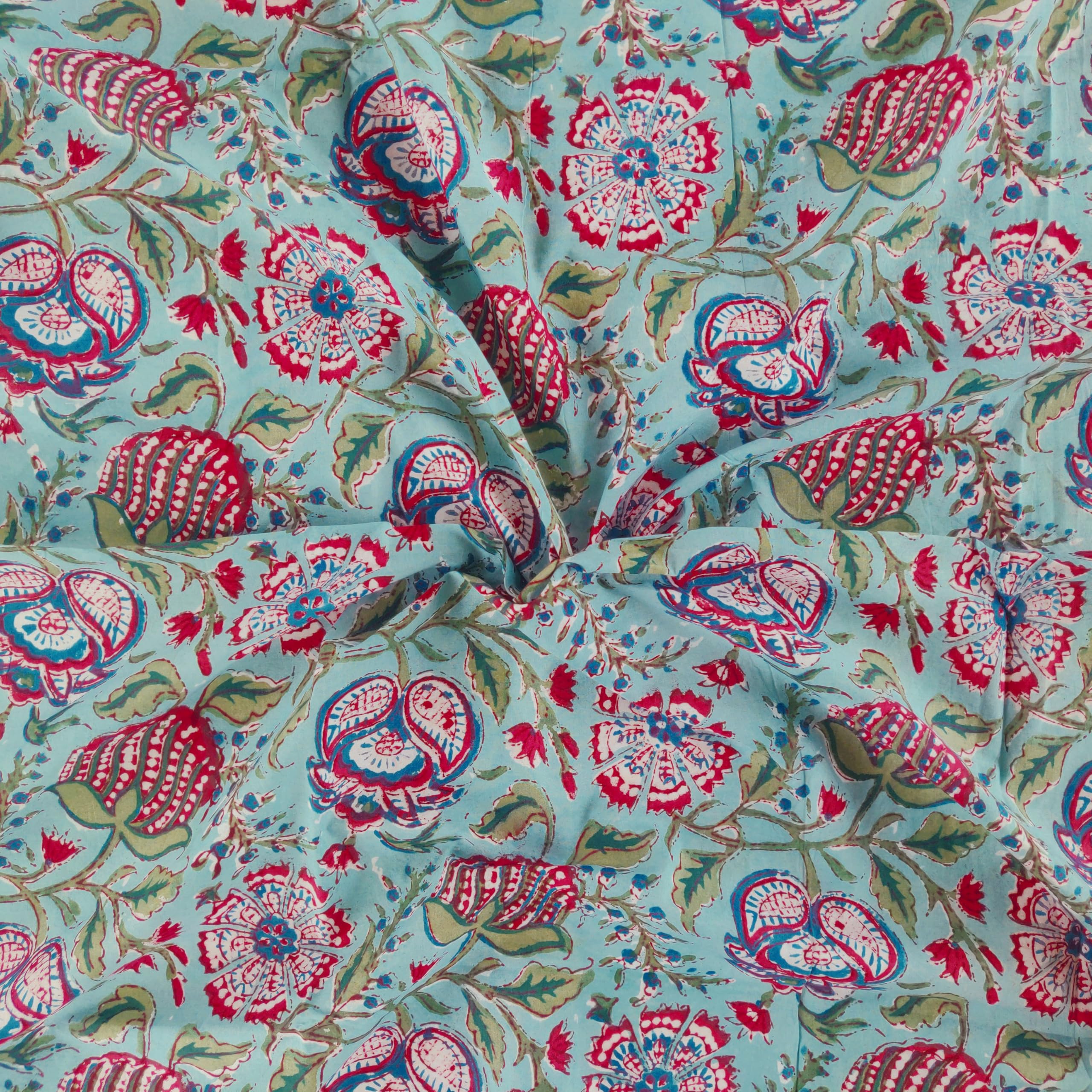 AVKA Studio Hand Block Print Fabric by The Yard - PRECUT 1 Yard 42 Inch Width - 100% Cotton Material - Blue Floral Pattern - Light Weight Indian Cloth for Making Summer Dress Tops Projects