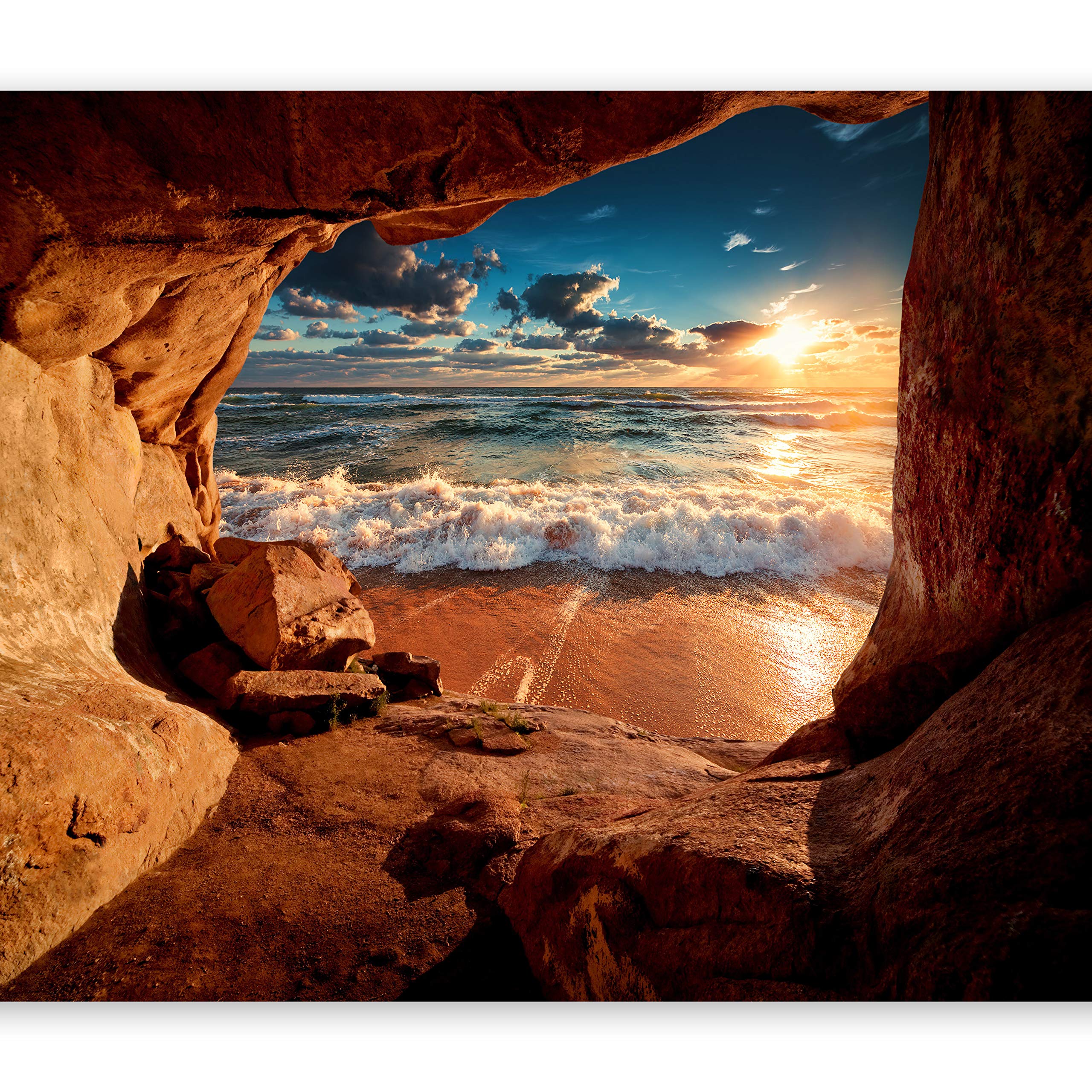artgeist Wall Mural Beach Sea 173x124 in - Peel and Stick Self-Adhesive Wallpaper Removable Large Sticker Foil Wall Decor Print Picture Image Design Cave Rocks View c-C-0142-a-a
