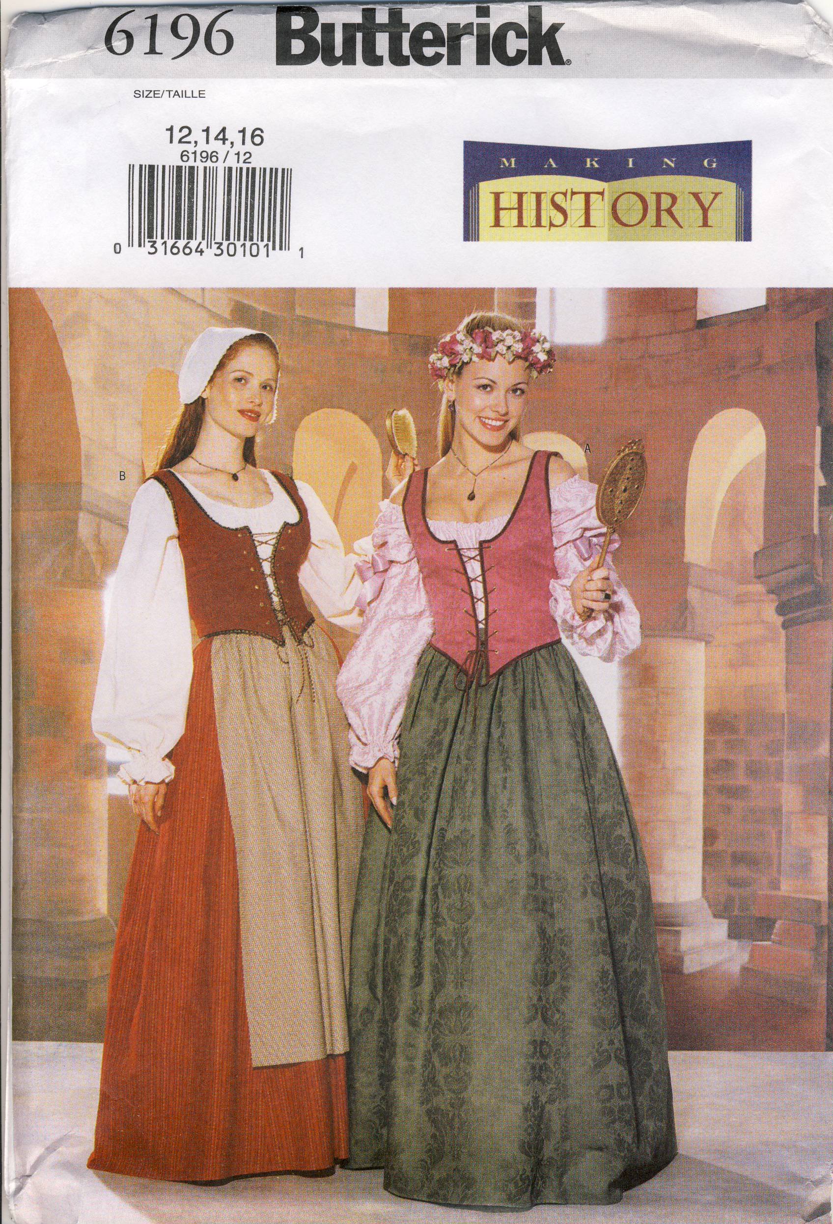 Butterick Sewing Pattern 6196 - Making History - Use to Make - Misses Historical Costume - Renaissance - Medieval Style - Misses Sizes 6-8-10