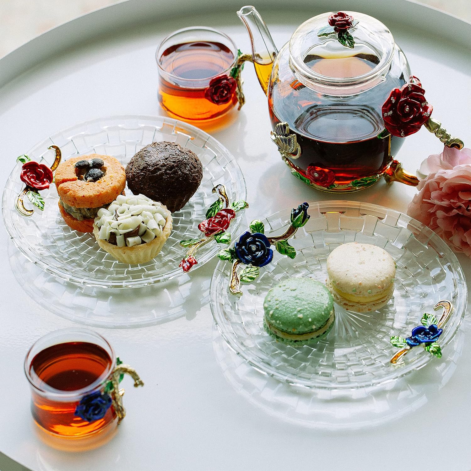 BTaT- Floral Glass Tea Set, 2 Fancy Cups and Fancy Dessert Plates with Gift Box, 6 Inch, Set of 2