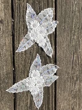 6X 5, Lace Appliques with Beaded, Two Pieces Embroidered Appliques,Patch Lace in White