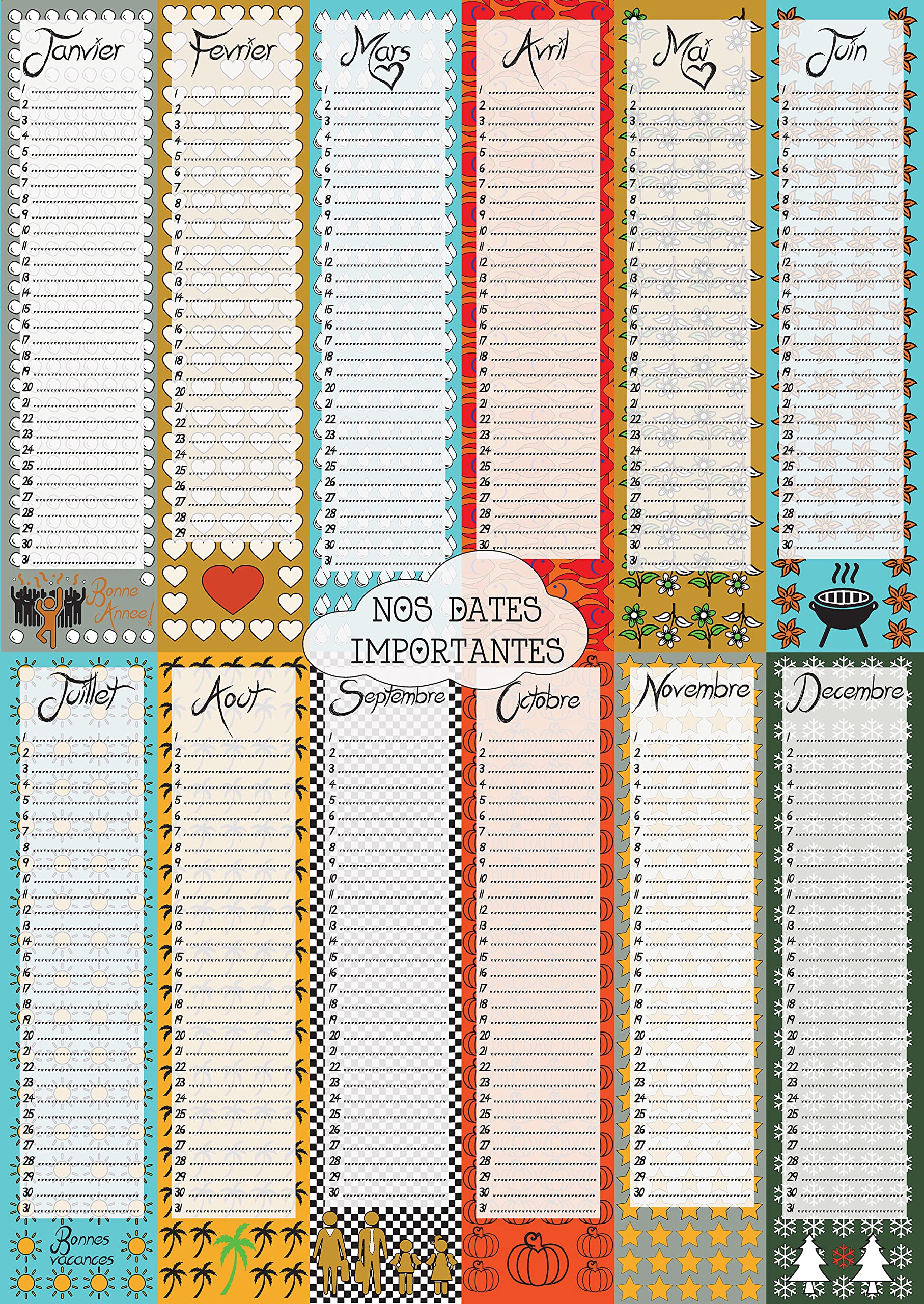 Calendrier perpétuel A3 Poster Dates importantes & Anniversaires illustré multicolore inscriptible Décoration murale