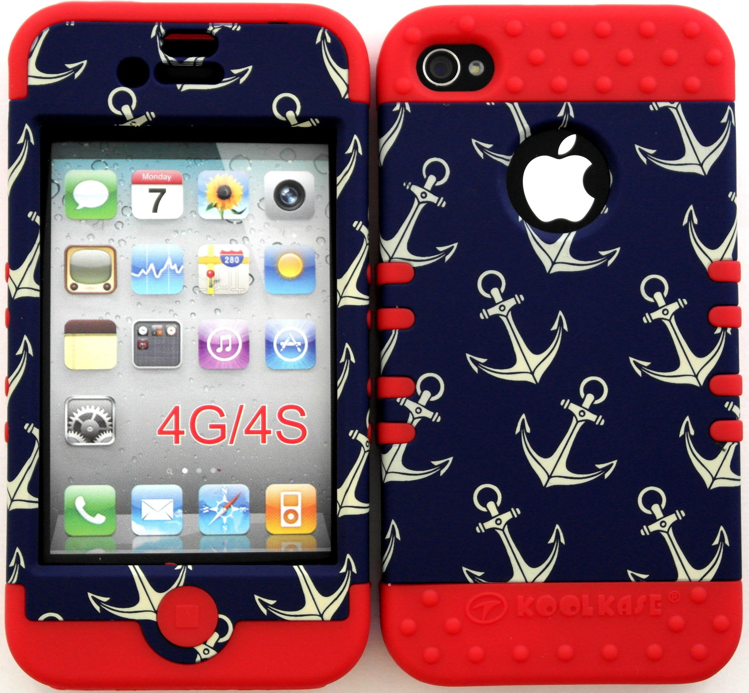 Bumper Case for Apple iphone 4 4G 4S Anchor Pattern hard plastic snap on over Red Silicone Gel