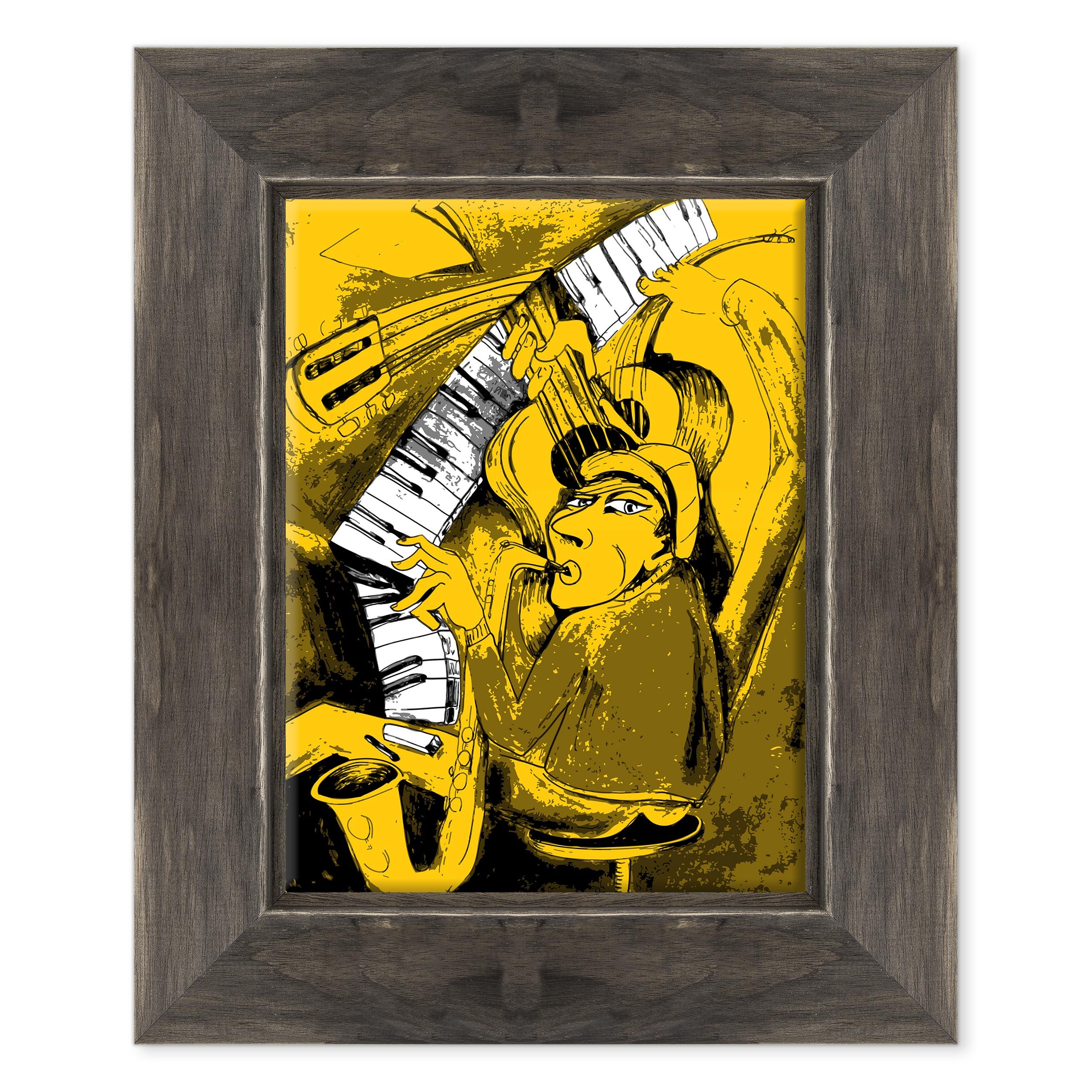 Quadro su Tela Canvas INTELAIATO - con Cornice - Musica Jazz - Illustrazione Disegno Pianista con Sax - 30x40cm - Stile Country Nero Shabby - (cod.1112)