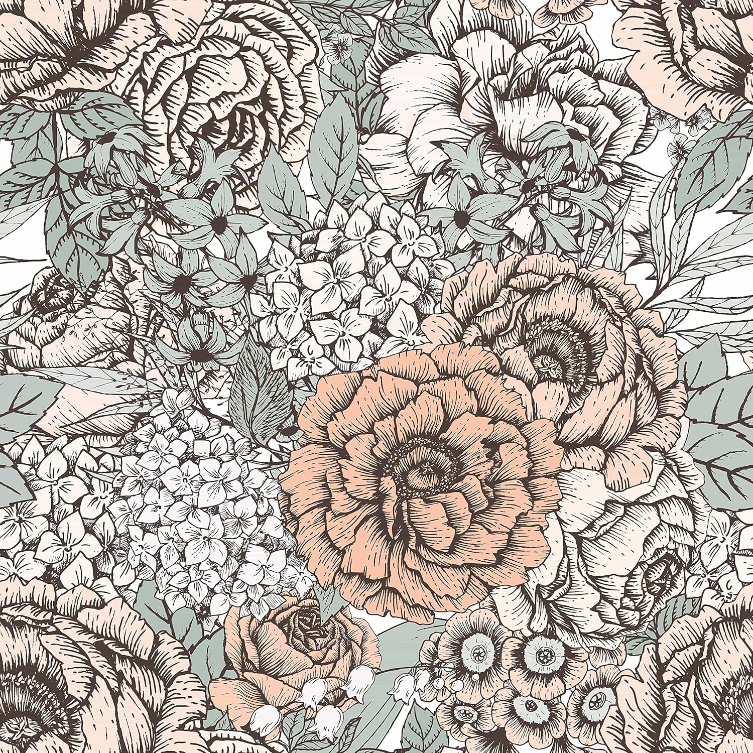 Vintage Peonies and Leaves Peel and Stick Wallpaper 25 W x 125 H