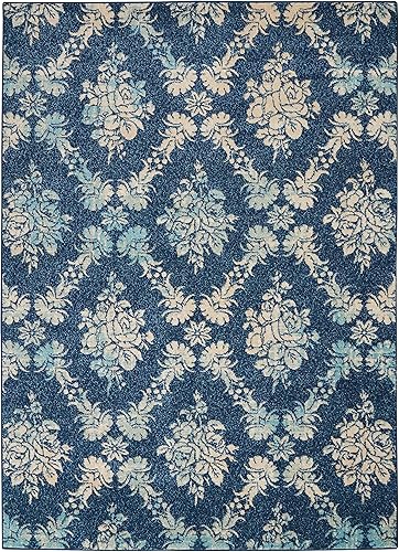 Miniatura 4 de Nourison Tranquil Damask NavyLight Blue - Alfombra de 6 x 9 pies, fácil de limpiar, no se desprende, para dormitorio, sala de estar, comedor, cocina