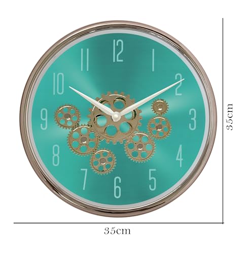 Image of OREVA 14 Inch Round Plastic Rotating Moving Gears Wall Clock Industrial Steampunk Real Moving Gear Designer Wall Clock for Living Room Home Decor Office AQ-9277 (Green)