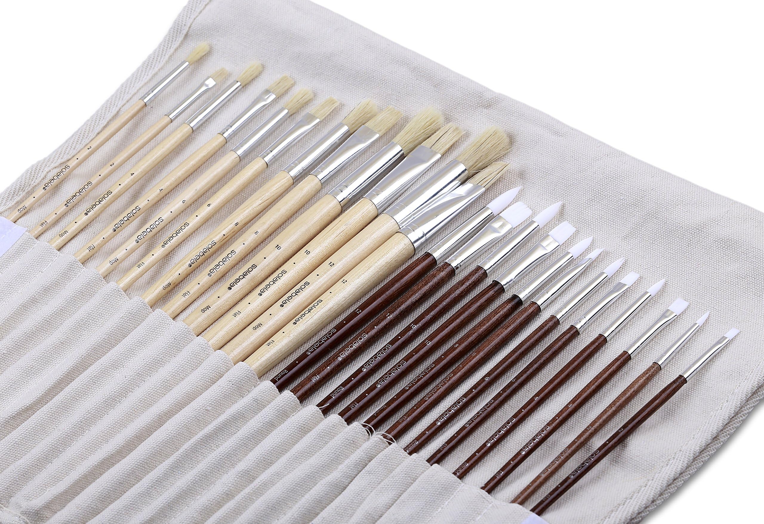 Solabela® Montreal Artist Brush Set of 24 w/Canvas Roll-up Pouch - Professional Art Brush Set