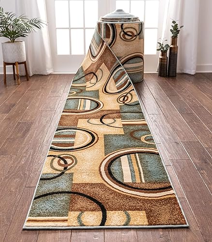 Well Woven Camino de escalera de pasillo de tamaño personalizado, elige longitud, anillos decorativos azul claro, geométricos, modernos, de 27