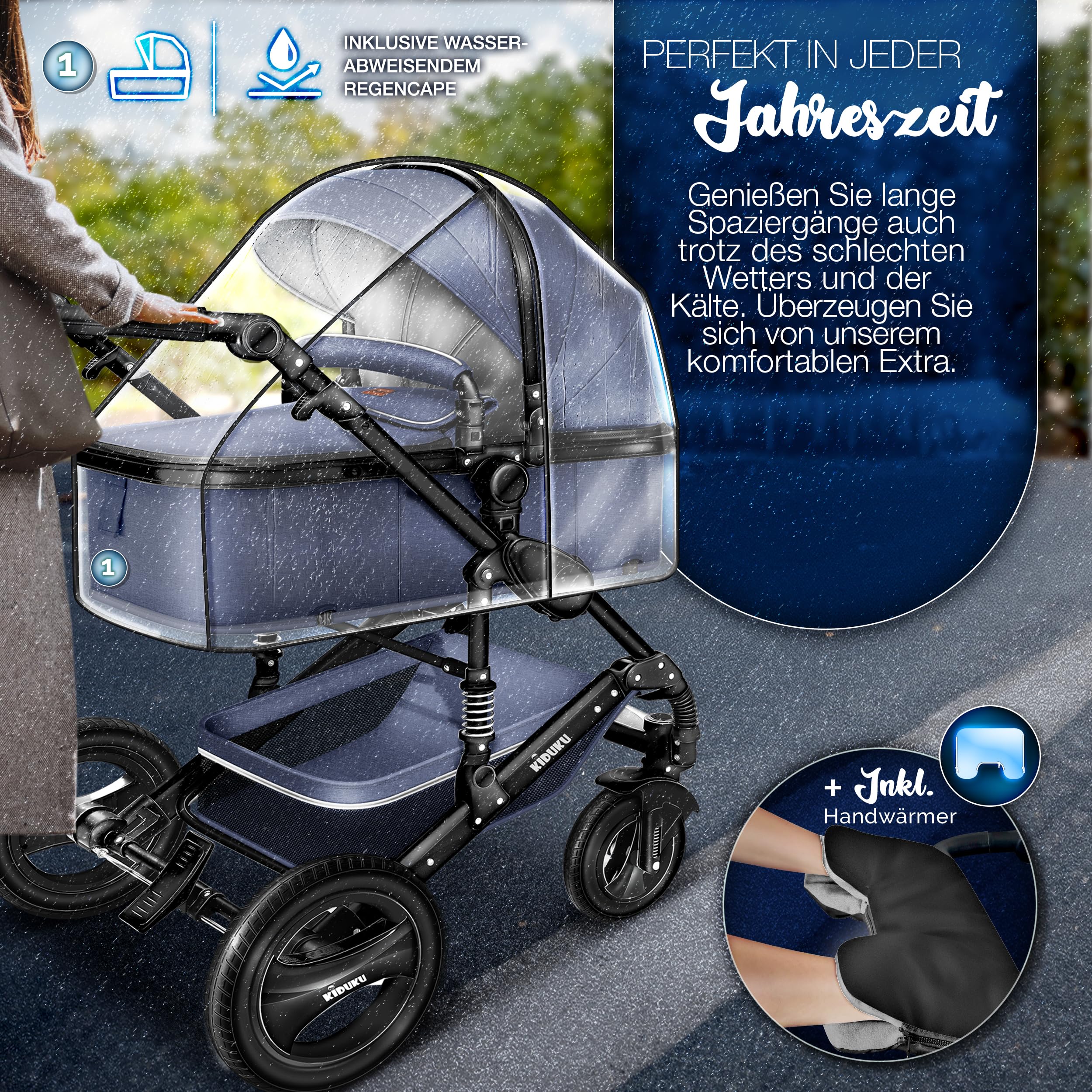 KIDUKU 3 in 1 Kinderwagen XXL Komplettset Kombikinderwagen mit Babywanne Buggy Sportsitz Auto-Babyschale Fußsack Vollgummireifen Wickeltasche Regenschutz ECE R129
