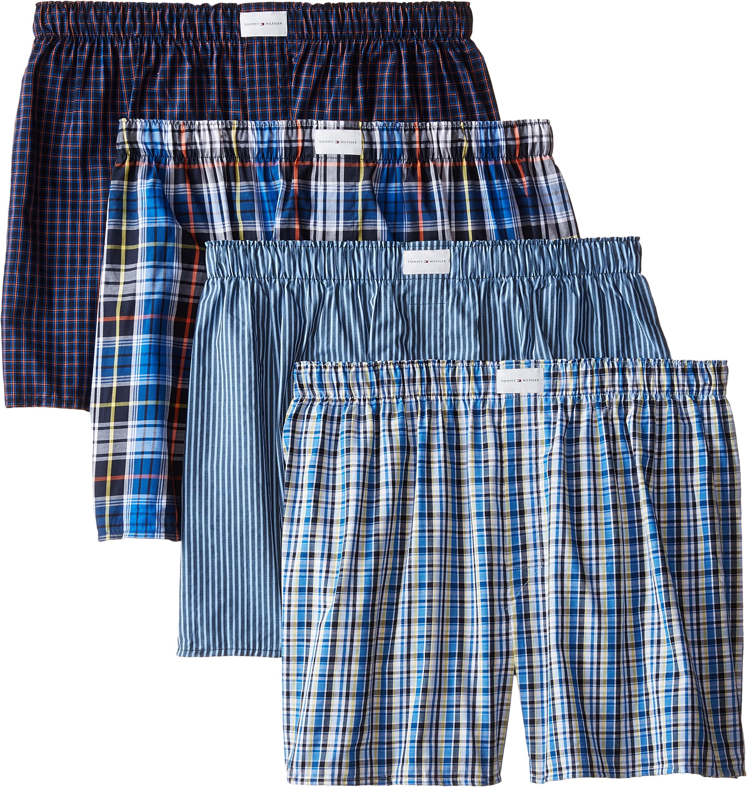 Tommy Hilfiger Men's 4 Pack Blue Plaid and Stripes Woven Boxers