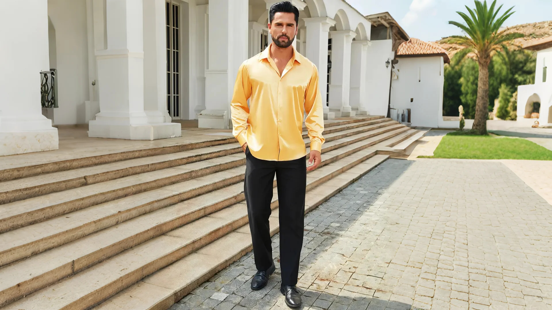 Barry.Wang Men's Satin Silk Button-Down Shirt - Contrast Print Long Sleeve Formal Casual Top - View #10