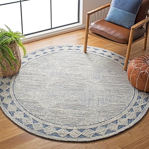 SAFAVIEH Abstract Collection ABT349N - Alfombra redonda de lana de primera calidad, hecha a mano, 6 pies, color marfil y azul marino