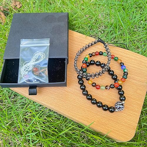 Miniatura 4 de Tourmaline Color Tourmaline Black Obsidian Beads Stretch Bracelet, Set of Three Handmade Bracelets Triple Protection Bracelet, Bring Luck Prosperity