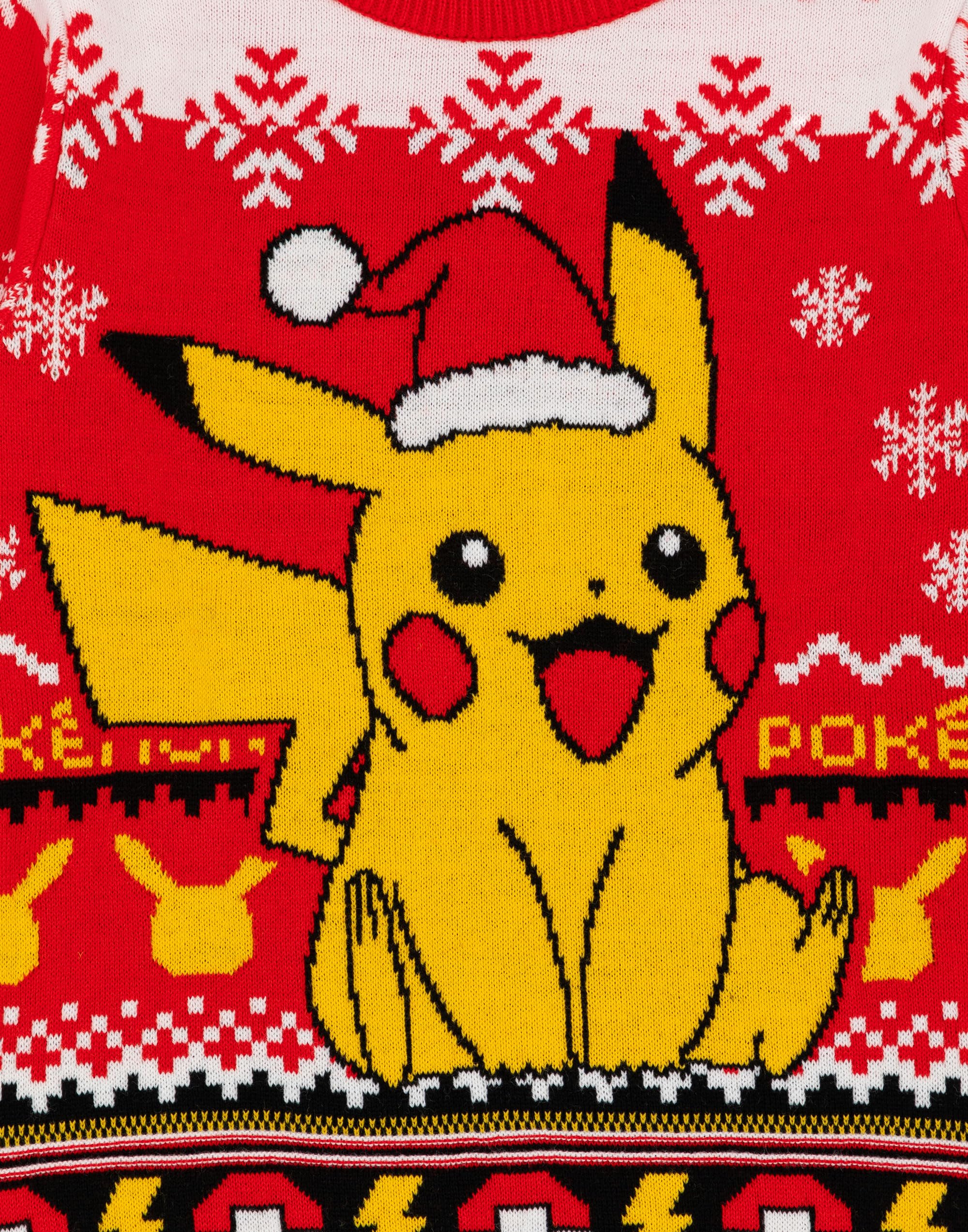 Pokemon Dziecięcy sweter bożonarodzeniowy, opcje stylu, świąteczny pikachu, z długim rękawem, dzianinowy, ciepły sweter dla dzieci, Czerwony, 7-8 lat