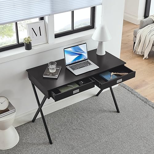 Miniatura 3 de Escritorio moderno, marco único en forma de X y diseño de líneas limpias, escritorio de MDF con 2 cajones, adecuado para escritorio en casa,