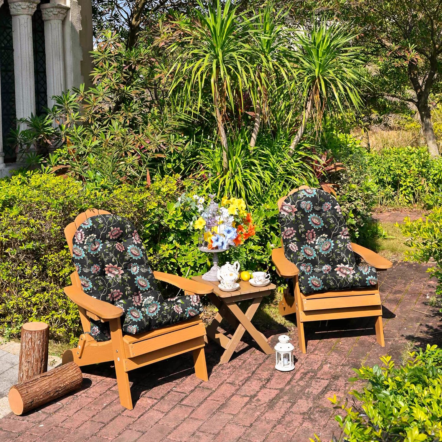 BLISSWALK Outdoor Chair Cushion Set of 2, 48"x21"x4" Inch, Tufted Thick Seat & Round High Back Cushion for Adirondack Patio Furniture and Rocking Chairs, Fade-Resistant Colorful Print,Floral